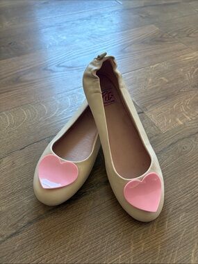 Pin Up Couture Cream Ballet Flats with Pink Heart Appliqués